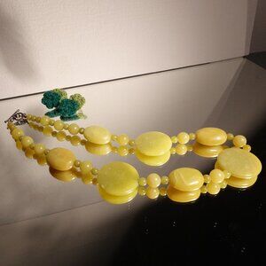 Vintage Lemon Yellow Jade  Beaded Necklace with Green Floral Earrings Set